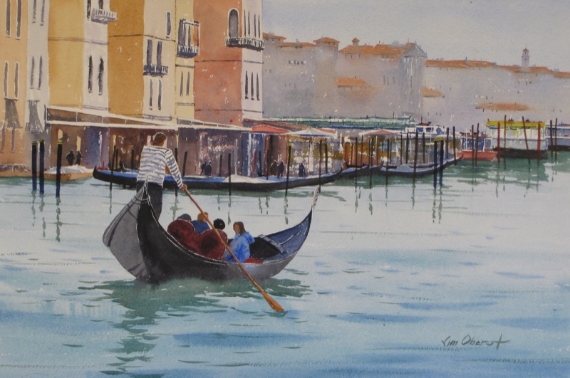 landscape, seascape, venice, venezia, europe, italy, lagoon, canal, gondola, gondolier, serenissima, original watercolor painting, oberst